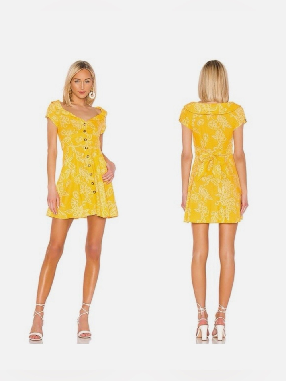 Free People A Thing Called Love Mini Dress Size 8 Women floral Yellow linen mix